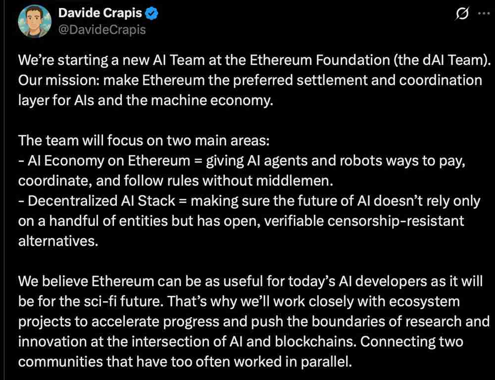 以太坊(ETH)新任人工智能负责人(达维德·克拉皮斯)表示,生态系统需求推动AI发展