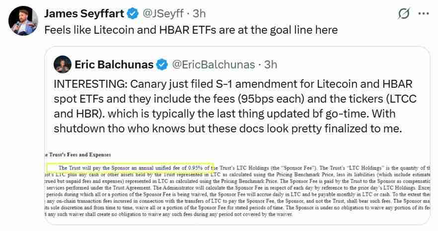 分析师:Canary莱特币(LTC)、Hedera(HBAR)ETF已达“开始时间”仅待政府停摆结束