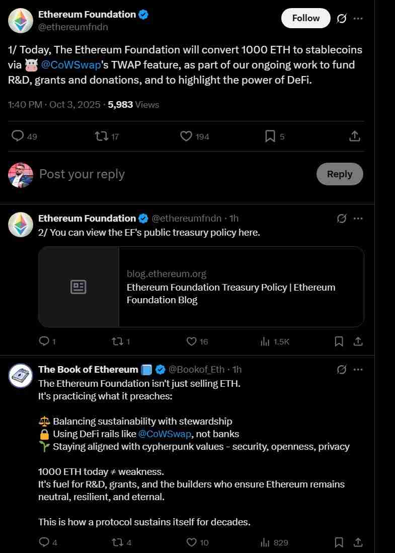 以太坊(ETH)基金会将1000枚ETH兑换为稳定币,用于研发和资助