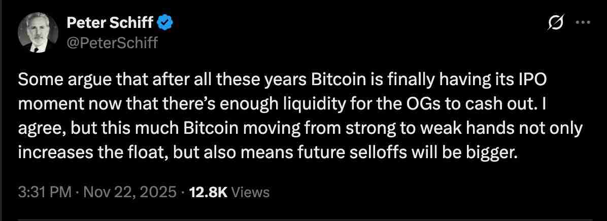 比特币(BTC)老手向“弱势”投资者出售将加剧抛售:彼得·施 iff