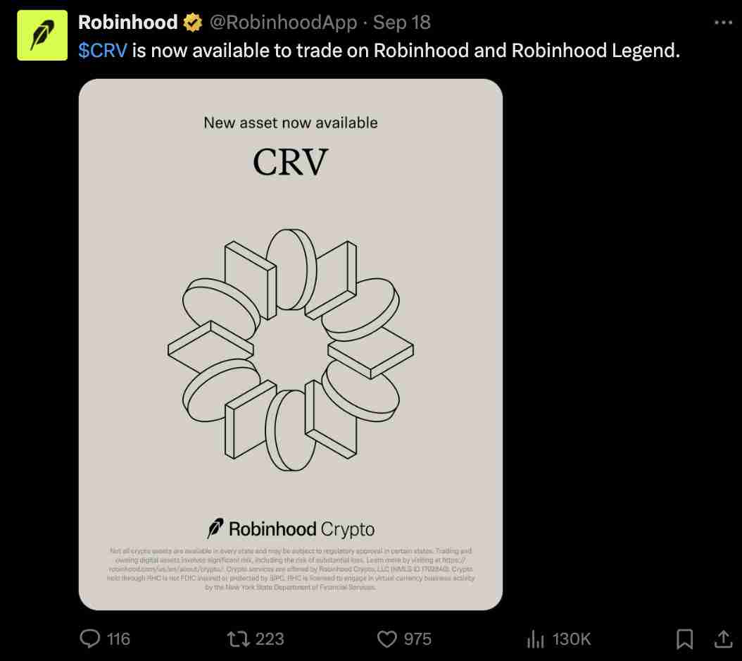 Curve DAO(CRV)币在Robinhood上市：治理提案后价格上涨，能突破1美元吗？